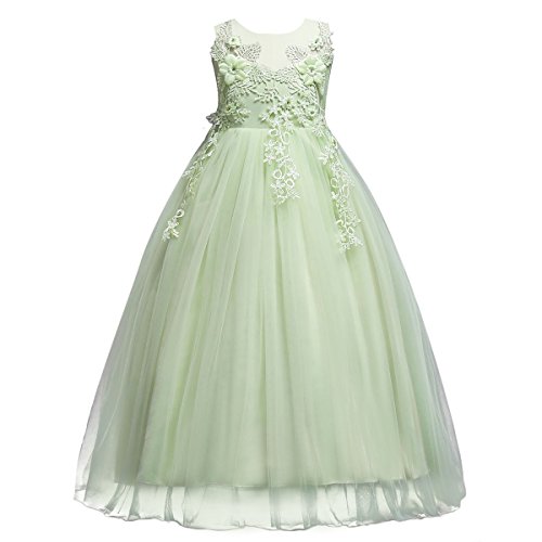 IBAKOM Mädchen Hochzeitskleider Kinder Ärmellos Blumen Spitze Tüll Brautjungfernkleid Prinzessin Kleider Langes Abendkleid Kommunikation Geburtstag Party Kleid hellgrün 13-14 Jahre von IBAKOM