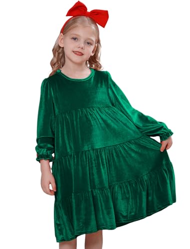 IBAKOM Mädchen Kleid Weihnachtskleid Langarm Samtkleid Herbst Winter Blumenmädchenkleid Abendkleid Prinzessinenkleid Freizeitkleid Für Brautjungfer Hochzeit Geburtstag Weihnachten grün 11-12 Jahre von IBAKOM