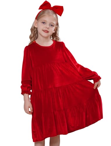 IBAKOM Mädchen Kleid Weihnachtskleid Langarm Samtkleid Herbst Winter Blumenmädchenkleid Abendkleid Prinzessinenkleid Freizeitkleid Für Brautjungfer Hochzeit Geburtstag Weihnachten rot 5-6 Jahre von IBAKOM