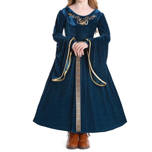 IBAKOM Mädchen Prinzessin Kleid Mittelalter Renaissance Cosplay Kostüm Retro Samt Kleid Kinder Königliche Verkleidung mit Gürtel Blau 5-6 Jahre von IBAKOM