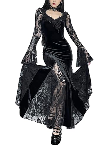IBAKOM Mittelalter Kleidung Damen Vintage Gothic Kleid Renaissance Steampunk Kleid Festival Rave Outfit Samtkleid Spitzenkleid Abendkleid Vampir Cosplay Kostüm für Halloween Karneval Party schwarz M von IBAKOM