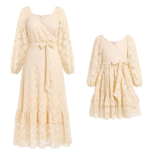 IBAKOM Mutter Tochter Matching Kleid Mama und ich Kleider Langarm Freizeitkleid Boho Strandkleid Kleid Herbst Winter Frauen Mädchen Passendes Kleid Familie Passendes Outfit Aprikose XL von IBAKOM