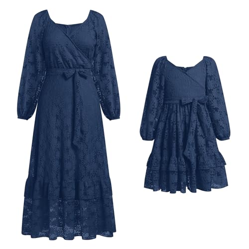 IBAKOM Mutter Tochter Matching Kleid Mama und ich Kleider Langarm Freizeitkleid Boho Strandkleid Kleid Herbst Winter Frauen Mädchen Passendes Kleid Familie Passendes Outfit blau 7-8 Jahre von IBAKOM