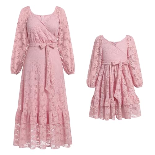 IBAKOM Mutter Tochter Matching Kleid Mama und ich Kleider Langarm Freizeitkleid Boho Strandkleid Kleid Herbst Winter Frauen Mädchen Passendes Kleid Familie Passendes Outfit rosa 5-6 Jahre von IBAKOM