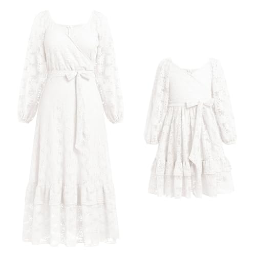 IBAKOM Mutter Tochter Matching Kleid Mama und ich Kleider Langarm Freizeitkleid Boho Strandkleid Kleid Herbst Winter Frauen Mädchen Passendes Kleid Familie Passendes Outfit weiß L von IBAKOM