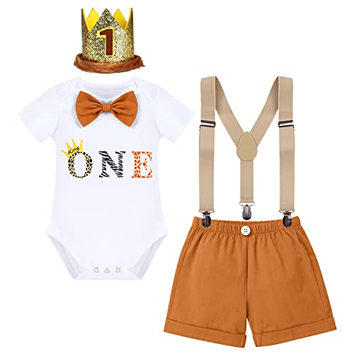 IBAKOM Neugeborenes Baby Jungen Mein 1. Geburtstag Outfits Cake Smash Fotoshooting Kostüm Kurzarm Body + Kurze Hosen + Hosenträger + Stirnband Jungle Safari Mottoparty Kleidung Braun 1 Jahr von IBAKOM