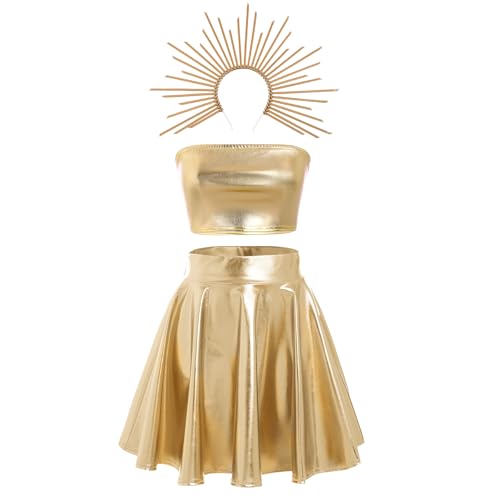 IBAKOM Rave Outfit Damen Festival Outfit Lackleder Kleid 5tlg Metallic Minikleid Crop Top + Rock + Haarband Clubwear Mondgöttin Kleid Glänzend Für Festival Party Disco Nachtclub Karneval von IBAKOM