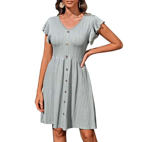IBAKOM Sommerkleid Damen Elegant V-Ausschnitt Freizeitkleid Kurzarm A-Linie Rüschen Midikleid Knieland Bequem Atmungsaktiv hellgrün L von IBAKOM