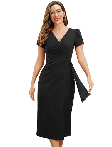 IBAKOM Sommerkleid für Damen, V-Ausschnitt, Wickelkleid, kurzärmelig, elegant und weich, Abendkleid, A-Linie, Hochzeitskleid, Cocktailkleid, Schwarz , Large von IBAKOM