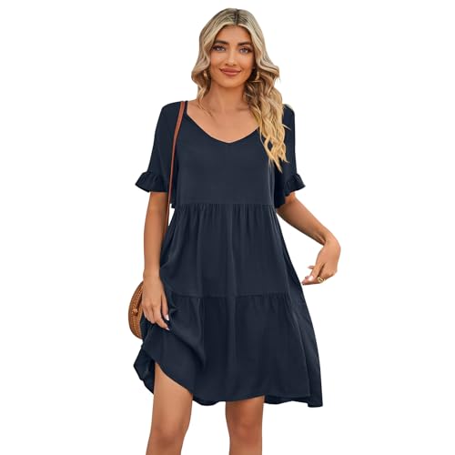 IBAKOM Sommerkleider Damen Kurzarm Freizeitkleid mit Taschen Kurz Rüschenkleid Elegant Cocktailkleid Abendkleid Partykleid Sexy Minikleid Strandkleid A-Linie Einfarbig Rüschenkleid blau XXL von IBAKOM