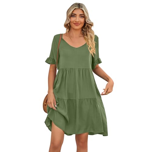 IBAKOM Sommerkleider Damen Kurzarm Freizeitkleid mit Taschen Kurz Rüschenkleid Elegant Cocktailkleid Abendkleid Partykleid Sexy Minikleid Strandkleid A-Linie Einfarbig Rüschenkleid grün XXL von IBAKOM