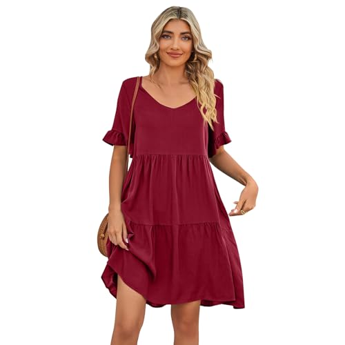 IBAKOM Sommerkleider Damen Kurzarm Freizeitkleid mit Taschen Kurz Rüschenkleid Elegant Cocktailkleid Abendkleid Partykleid Sexy Minikleid Strandkleid A-Linie Einfarbig Rüschenkleid rot L von IBAKOM