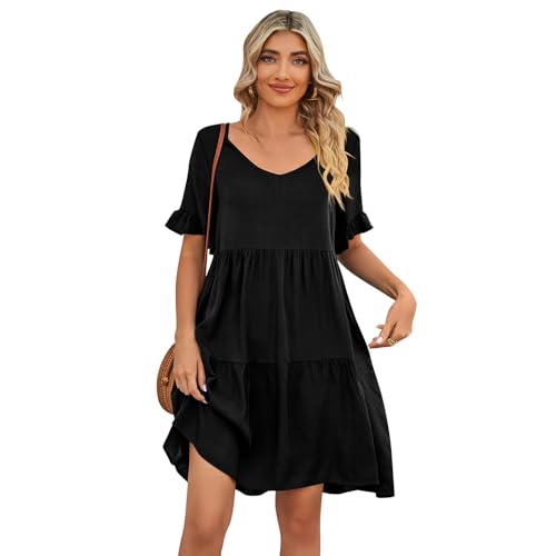 IBAKOM Sommerkleider Damen Kurzarm Freizeitkleid mit Taschen Kurz Rüschenkleid Elegant Cocktailkleid Abendkleid Partykleid Sexy Minikleid Strandkleid A-Linie Einfarbig Rüschenkleid schwarz M von IBAKOM