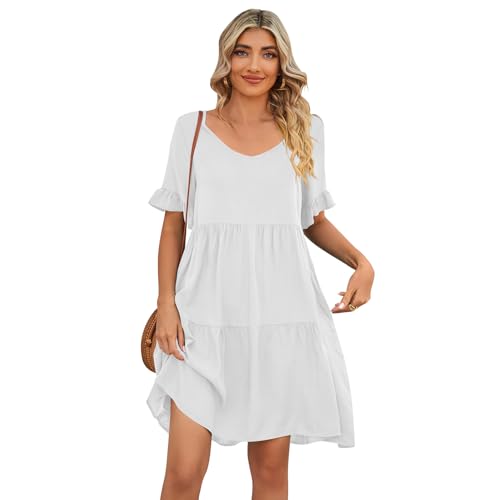IBAKOM Sommerkleider Damen Kurzarm Freizeitkleid mit Taschen Kurz Rüschenkleid Elegant Cocktailkleid Abendkleid Partykleid Sexy Minikleid Strandkleid A-Linie Einfarbig Rüschenkleid weiß XXL von IBAKOM
