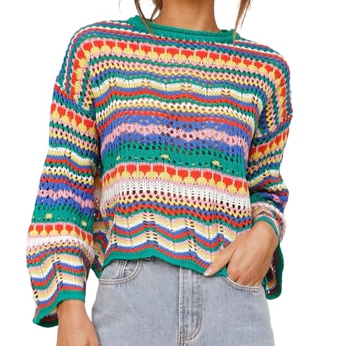 IBAKOM Strickpullover Damen Blusen Sexy Häkelstrickpullover Y2K Top Gestrickt Langarm Oberteile Regenbogen Pullover Herbst Winter Bunt Hemdbluse Tunika Festival Outfit Weihnachtskostüm grün S von IBAKOM