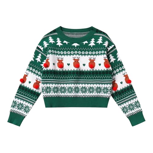 IBAKOM Weihnachtspullover Kinder Strickpullover Jungen Mädchen Weihnachts Pyjama Lustige Weihnachtspulli Sweatshirt Jumper Langarm Pullover Herbst Winterpullover Pulli grün 7-8 Jahre von IBAKOM