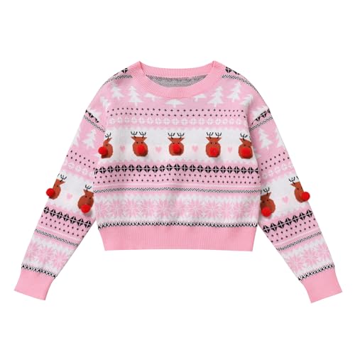 IBAKOM Weihnachtspullover Kinder Strickpullover Jungen Mädchen Weihnachts Pyjama Lustige Weihnachtspulli Sweatshirt Jumper Langarm Pullover Herbst Winterpullover Pulli rosa 6-7 Jahre von IBAKOM