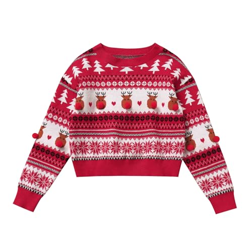 IBAKOM Weihnachtspullover Kinder Strickpullover Jungen Mädchen Weihnachts Pyjama Lustige Weihnachtspulli Sweatshirt Jumper Langarm Pullover Herbst Winterpullover Pulli rot 3-4 Jahre von IBAKOM
