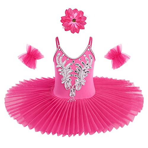 Kinder Mädchen Ärmelloses Ballettkleid Pailletten verziert Schwanensee Tanzkleidung Gymnastik Trikot Tutu Rock Ballerina Bühnenkostüm Kopfbedeckungen Arm Ärmel 3er Set Rosa 7-8 Jahre von IBAKOM