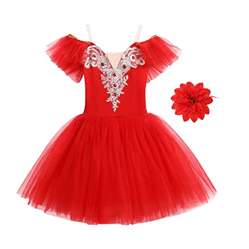 Mädchen Ballettkleid Kinder Prinzessin Tutu Rock Gymnastik Tanz Trikot Schwan Spitze Strass Stickerei Tanzkleidung Ballerina Kostüm mit Blume Haarspange Rot 9-10 Jahre von IBAKOM