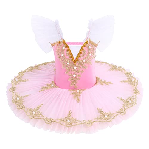 Mädchen Ballettkleid Schwanensee Ballett Kostüm Goldene Stickerei Perle Perlen Ärmellos Turnanzug Kleid Gymnastik Tanzkleid Kinder Tanzbody Ballettkleidung mit Rock Tütü Rosa 5-6 Jahre von IBAKOM