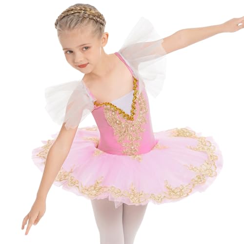 Mädchen Ballettkleid Schwanensee Ballett Kostüm Goldene Stickerei Perle Perlen Ärmellos Turnanzug Kleid Gymnastik Tanzkleid Kinder Tanzbody Ballettkleidung mit Rock Tütü Rosa 7-8 Jahre von IBAKOM