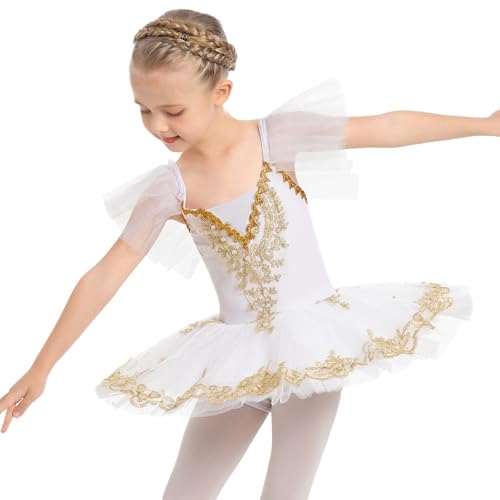 Mädchen Ballettkleid Schwanensee Ballett Kostüm Goldene Stickerei Perle Perlen Ärmellos Turnanzug Kleid Gymnastik Tanzkleid Kinder Tanzbody Ballettkleidung mit Rock Tütü Weiß 11-12 Jahre von IBAKOM