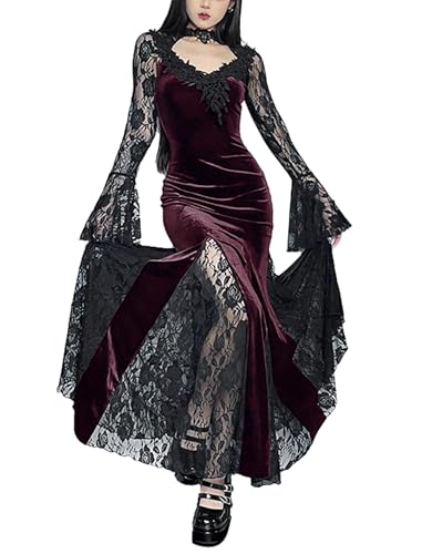 Mittelalter Kleidung Damen Vintage Gothic Kleid Renaissance Steampunk Kleid Festival Rave Outfit Samtkleid Spitzenkleid Abendkleid Vampir Cosplay Kostüm für Halloween Karneval Party dunkelrot XL von IBAKOM