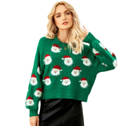 Weihnachtspullover Damen Xmas Pullover Herbst Winter Große Größen Langarm Weihnachtspulli mit Rundhalsausschnitt Lustig Weihnachts Kostüm Weihnachtsmann/Christkind/Nikolaus Druck Muster grün XL von IBAKOM