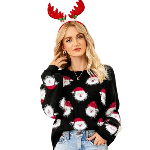Weihnachtspullover Damen Xmas Pullover Herbst Winter Große Größen Langarm Weihnachtspulli mit Rundhalsausschnitt Lustig Weihnachts Kostüm Weihnachtsmann/Christkind/Nikolaus Druck Muster schwarz L von IBAKOM