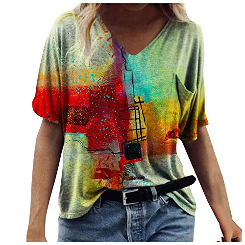 IBAOBAO 3D Druck Damen T-Shirt Sommer Kurzarm Oberteile Tshirt V-Ausschnitte Loose Tunika Bluse Bunte Motiv Tops Oversize Shirt Top Pulli von IBAOBAO