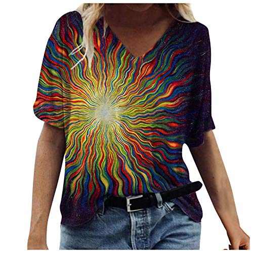 IBAOBAO 3D Druck Damen T-Shirt Sommer Kurzarm Oberteile Tshirt V-Ausschnitte Loose Tunika Bluse Bunte Motiv Tops Oversize Shirt Top Pulli von IBAOBAO