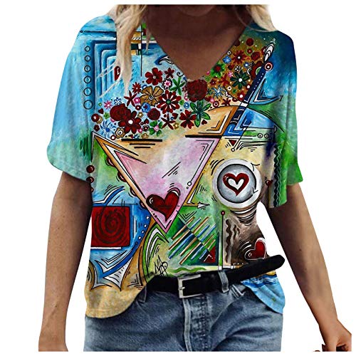 IBAOBAO 3D Druck Damen T-Shirt Sommer Kurzarm Oberteile Tshirt V-Ausschnitte Loose Tunika Bluse Bunte Motiv Tops Oversize Shirt Top Pulli von IBAOBAO