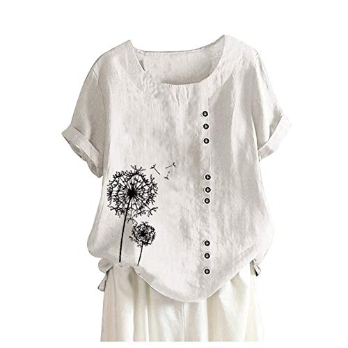 Lulupi Damen Leinen Bluse Oversize Kurzarm Leinenbluse Pusteblume Druck Shirt Tunika Sommer Rundhals Oberteile Lose Tops von IBAOBAO