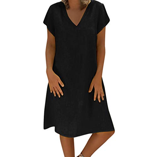 Lulupi Damen Leinenkleid A-Linie Baumwolle V-Ausschnitt Sommerkleid Leinen Kurzarm Midi Freizeitkleid Strandkleid Einfarbig Knielang T-Shirt Kleider von IBAOBAO