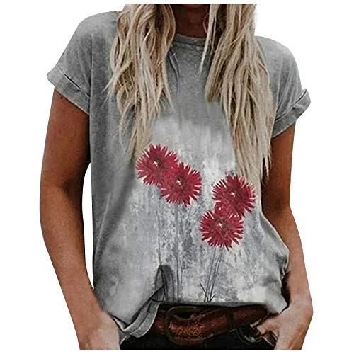 T-Shirt Damen Sommer Vintage Drcuken Oberteile Kurzarm Blusen T-Shirt V-Ausschnitte Loose Oversize Shirt Retro Blumen Drucken Frauen Bluse Tops Casual Bedruckt Asymmetrisch Oberteile Top Mode Tunika von IBAOBAO