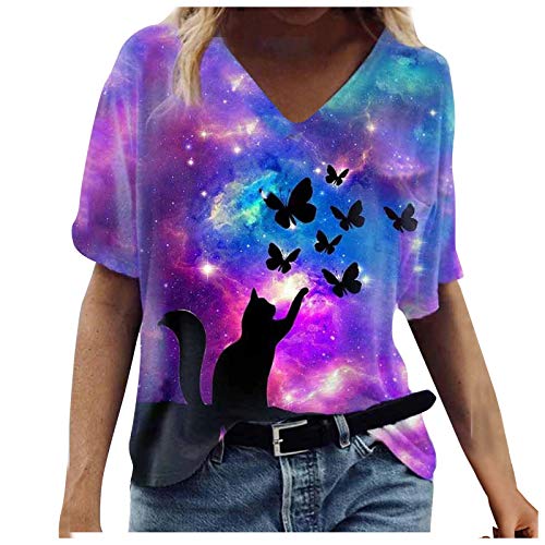 Vintage Drcuken Damen Oberteile Sommer Kurzarm Blusen T-Shirt V-Ausschnitte Loose Oversize Shirt Retro Blumen Drucken Frauen Bluse Tops Casual Bedruckt Asymmetrisch Oberteile Top Mode Tunika Top von IBAOBAO