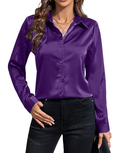 IBAOTORONI Damen Satin Button Down Shirts: Langarm Klassischer Kragen Seide Button Up Blusen Casual Arbeit Tops, Violett, Groß von IBAOTORONI