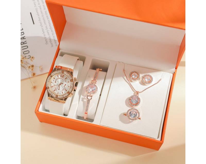 ibettertec Quarzuhr  Geschenk Damen Armbanduhr Armband Halskette Ring Ohrring Schmuck Set, (Elegant Analog Quarz Uhr mit Digital Zifferblatt und Elastisch Legierung Armband .Frauen Mädchen Strass Quarzuhr für Weihnachten Bracelet Jewelry Set.Damengeschenke, Weihnachten, Valentinstag, Hochzeitstag, Muttertag,Lehrertag, 5-tlg., Geburtstage usw Es kann als Schmuckdisplay,Brautschmuckzubehör), Kunstfotos usw.verwendet werden.Hochwertige Geschenkbox von ibettertec