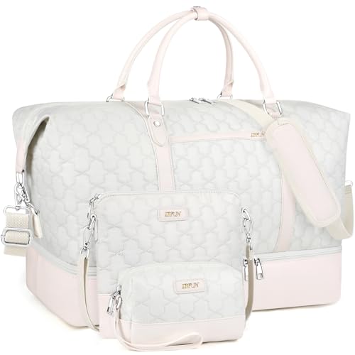 IBFUN Weekender Taschen für Damen, 53,3 cm, Reisetasche, Reisetasche, Handgepäck, Übernachtungstasche, 3 Stück, C2-Polyester-Weiß, Large, Erweiterbare Wochenendtasche mit Gepäckhülle auf der Rückseite von IBFUN