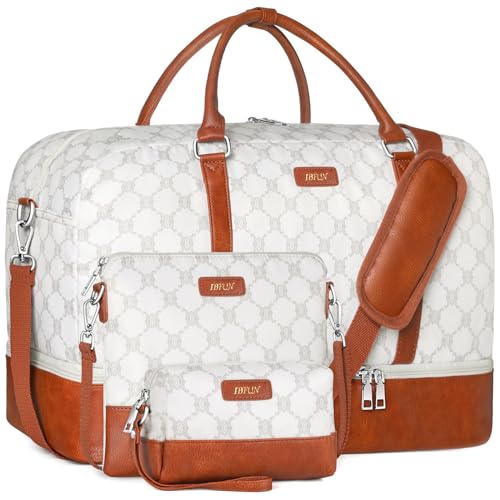 Weekender Tasche für Damen, Canvas, Übernachtungstasche, große Reisetasche, Handgepäck am Wochenende, Seesack mit Schuhfach, passend für 54.6 cm (21.5 Zoll) Laptop, A7-beige, Large von IBFUN