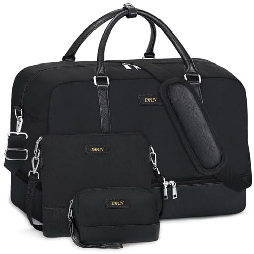 Weekender Tasche für Damen, Segeltuch, Übernachtungstasche, große Reisetasche, Handgepäcktasche mit Schuhfach, passend für 54.6 cm (21.5 Zoll) Laptop, A8-schwarz, Large von IBFUN