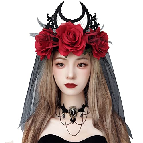 Blumenkranz Halloween Damen Haarschmuck Blumen Stirnband mit Schwarz Tüll Haarreifen Schleier Brautkleidzubehör Kranz Haarband Hochzeit Karneval Fasching Cosplay Kostümparty Blumendekor (Rot A) von IBLUELOVER