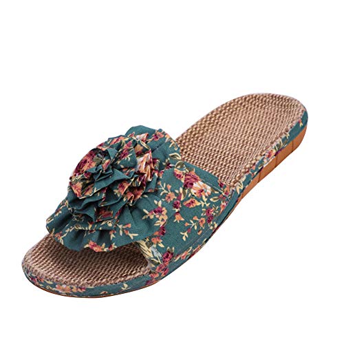 Damen Pantoletten Sommer Hausschuhe Fujimori Pantoffeln Mädchen Blumen Slippers Leinen Flache Hausschuhe Strand Komfort Sandalen Blumen Hausschuhe mit Rutschfest Weiche Sohle Fußbodenpantoffeln von IBLUELOVER