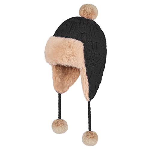 IBLUELOVER Fliegermützen Damen Trappermütze Winter Warm Russenmütze Schneedichte Skimütze mit Ohrenklappen Winddicht Strickmütze Outdoor Sport Bommel Hut Radfahren Camping Pelzmütze Peruanische Mütze von IBLUELOVER