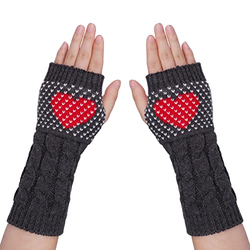 Handwärmer Gestrickte Fingerlose Skull Handschuhe Fäustling Handgelenk Armwärmer Lang Armstulpen Winterhandschuhe Arm Strickhandschuhe Halbfinger Pulswärmer für Damen Mädchen (Dunkelgrau Herz) von IBLUELOVER