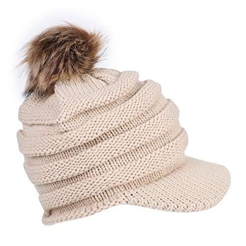 IBLUELOVER Barett Cap Damen Schiebermütze mit Bommel Schirmmütze Grobstrick Einfarbig Strickmütze Outdoor Wintermütze Warme Baskenmütze Gatsby Newsboy Kappe mit Schirm Ballonmütze von IBLUELOVER