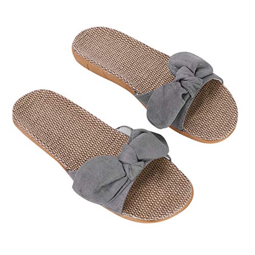 IBLUELOVER Damen Pantoletten Sommer Schuhe Fujimori Pantoffeln Blumen Slippers Leinen Flache Hausschuhe Hausschuhe Strand Komfort Sandalen Hausschuhe mit rutschfest Weiche Sohle (34/35 EU, Grau) von IBLUELOVER