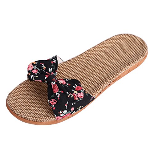 IBLUELOVER Damen Pantoletten Sommer Schuhe Fujimori Pantoffeln Blumen Slippers Leinen Flache Hausschuhe Hausschuhe Strand Komfort Sandalen Hausschuhe mit rutschfest Weiche Sohle (34/35 EU, Grau) von IBLUELOVER