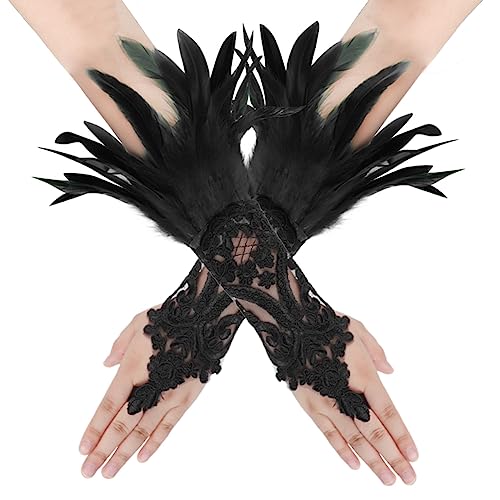 IBLUELOVER Schwarz Feder Handschuhe Damen Halloween Vintage Spitzenhandschuhe mit Feder Lange Gothic Netzhandschuhe Fingerlose Handschuhe für Cosplay Hochzeit Party Fasching Opera Kostüm Zubehör von IBLUELOVER